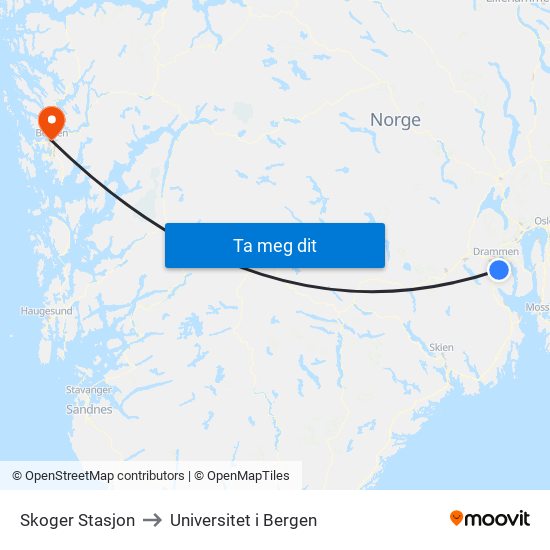 Skoger Stasjon to Universitet i Bergen map