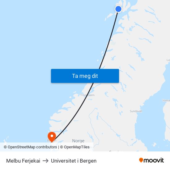 Melbu Ferjekai to Universitet i Bergen map