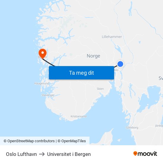 Oslo Lufthavn to Universitet i Bergen map