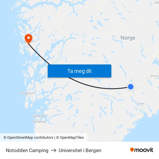 Notodden Camping to Universitet i Bergen map