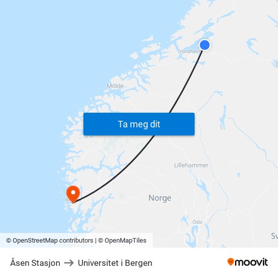 Åsen Stasjon to Universitet i Bergen map