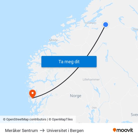 Meråker Sentrum to Universitet i Bergen map