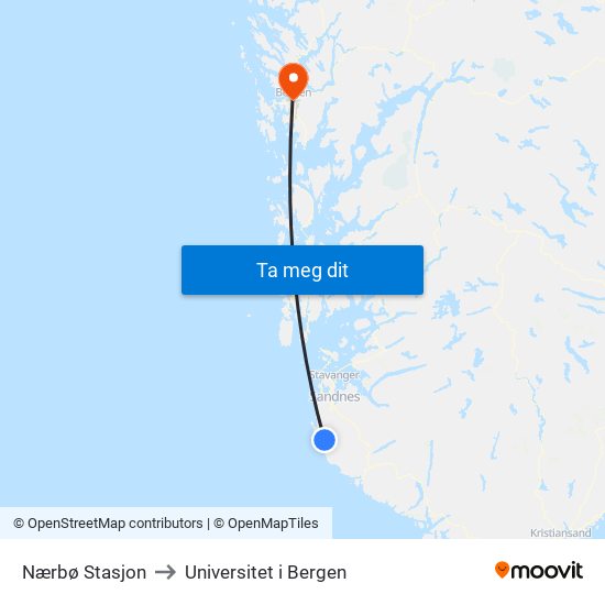 Nærbø Stasjon to Universitet i Bergen map