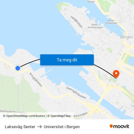 Laksevåg Senter to Universitet i Bergen map