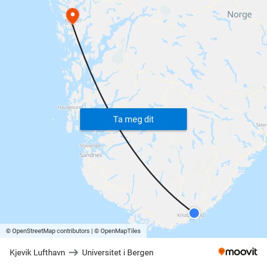 Kjevik Lufthavn to Universitet i Bergen map