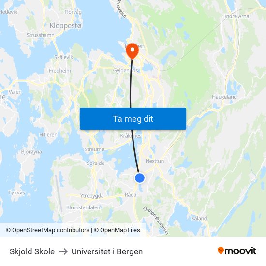 Skjold Skole to Universitet i Bergen map