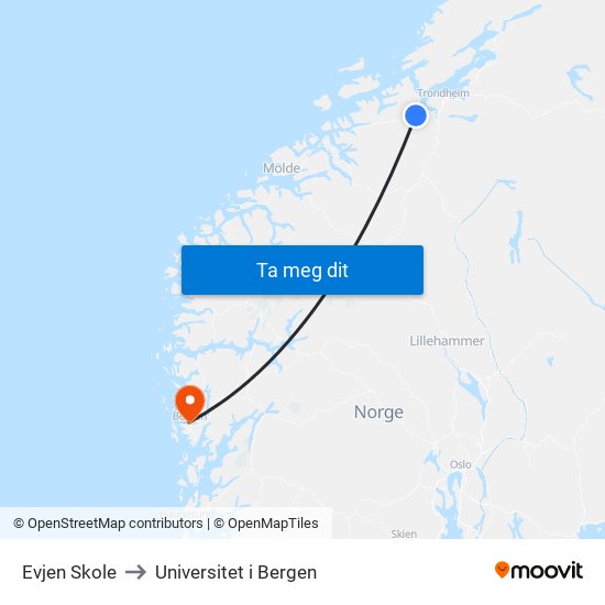 Evjen Skole to Universitet i Bergen map