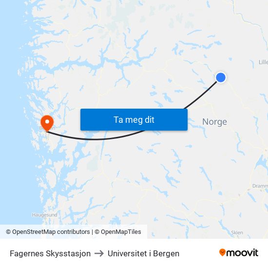Fagernes Skysstasjon to Universitet i Bergen map