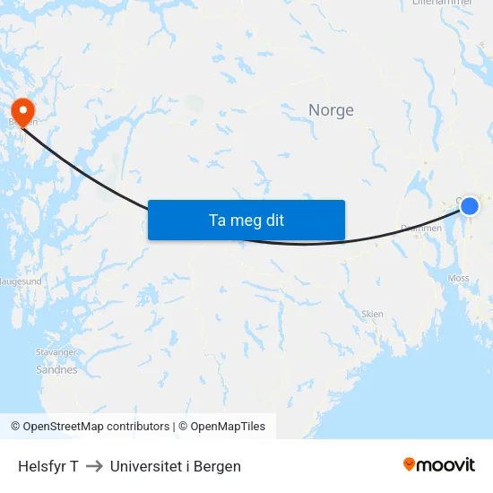 Helsfyr T to Universitet i Bergen map