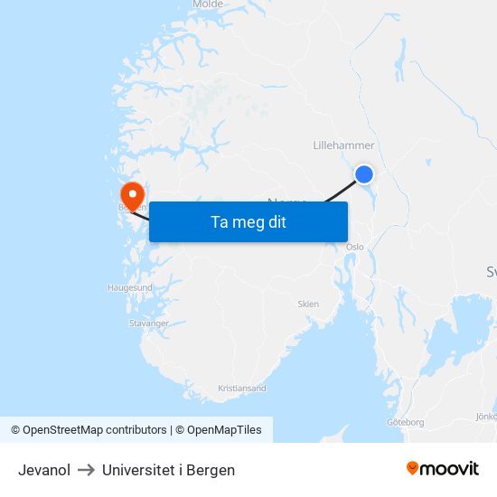 Jevanol to Universitet i Bergen map