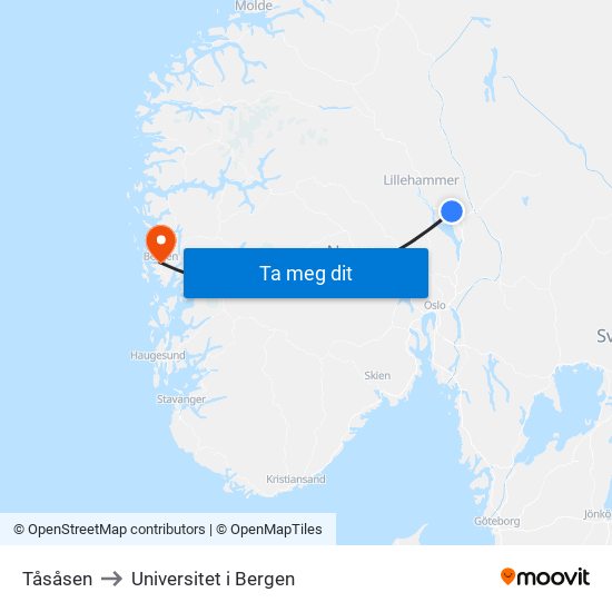 Tåsåsen to Universitet i Bergen map
