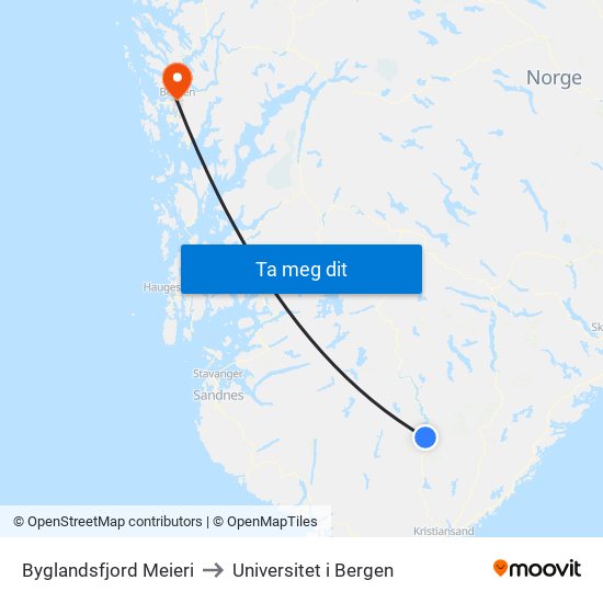 Byglandsfjord Meieri to Universitet i Bergen map