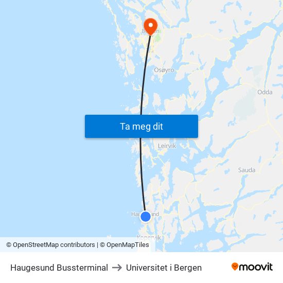 Haugesund Bussterminal to Universitet i Bergen map