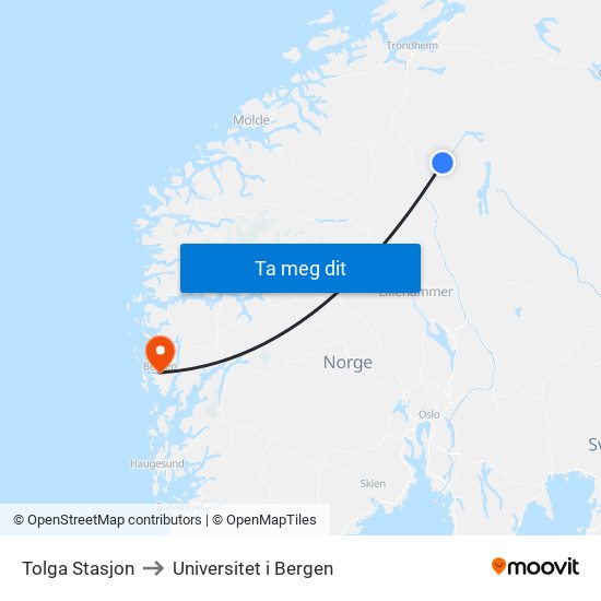Tolga Stasjon to Universitet i Bergen map