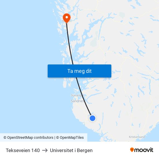 Tekseveien 140 to Universitet i Bergen map