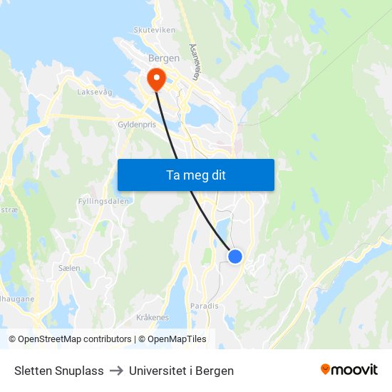 Sletten Snuplass to Universitet i Bergen map