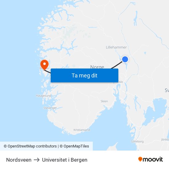 Nordsveen to Universitet i Bergen map