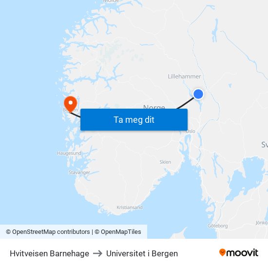 Hvitveisen Barnehage to Universitet i Bergen map