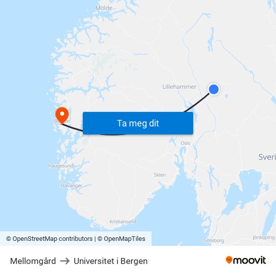 Mellomgård to Universitet i Bergen map