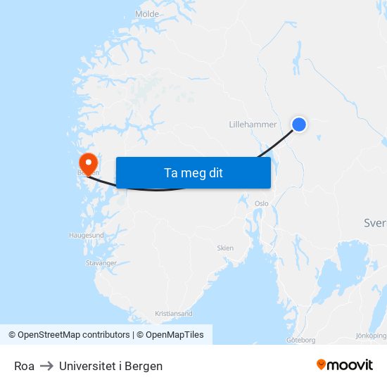 Roa to Universitet i Bergen map