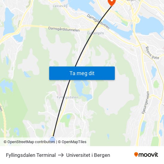 Fyllingsdalen Terminal to Universitet i Bergen map