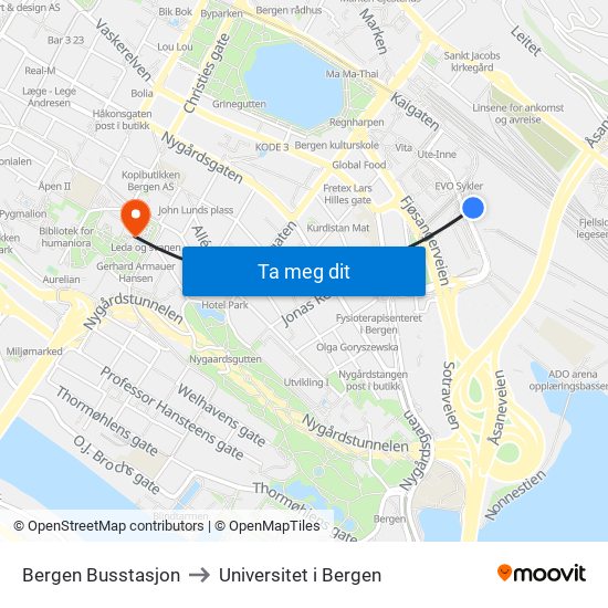 Bergen Busstasjon to Universitet i Bergen map