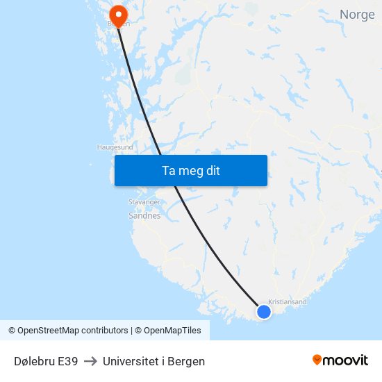 Dølebru E39 to Universitet i Bergen map