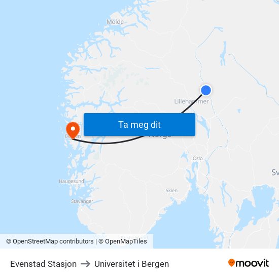 Evenstad Stasjon to Universitet i Bergen map