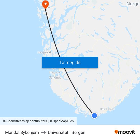 Mandal Sykehjem to Universitet i Bergen map