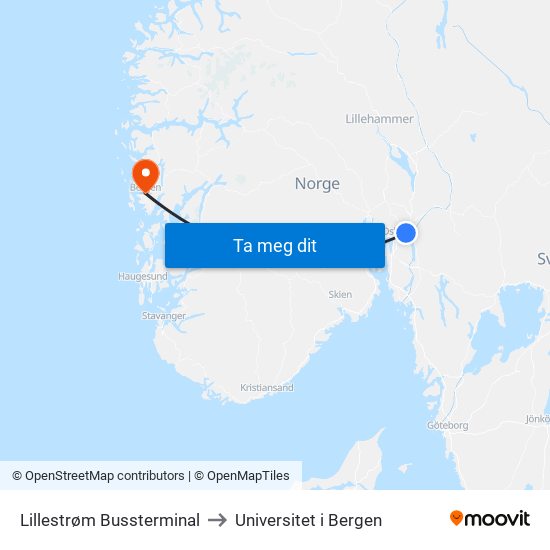 Lillestrøm Bussterminal to Universitet i Bergen map