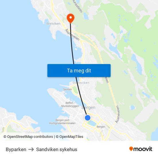 Byparken to Sandviken sykehus map