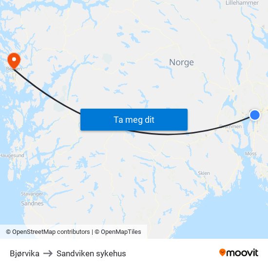 Bjørvika to Sandviken sykehus map