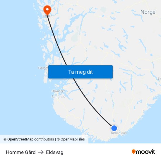 Homme Gård to Eidsvag map