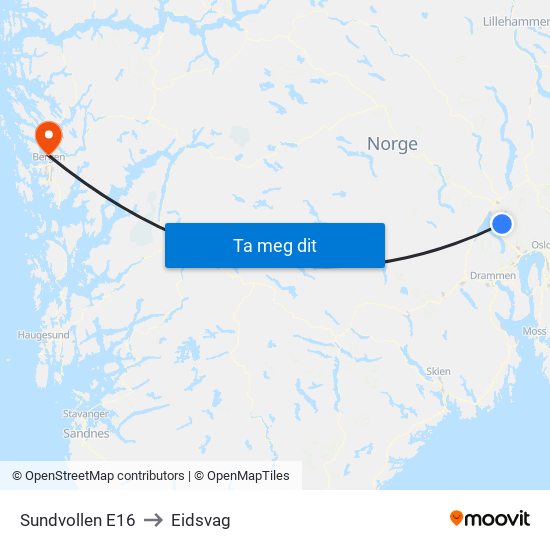 Sundvollen E16 to Eidsvag map