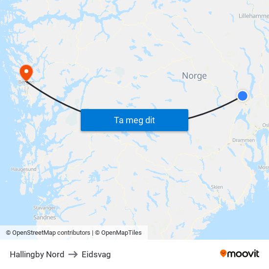 Hallingby Nord to Eidsvag map