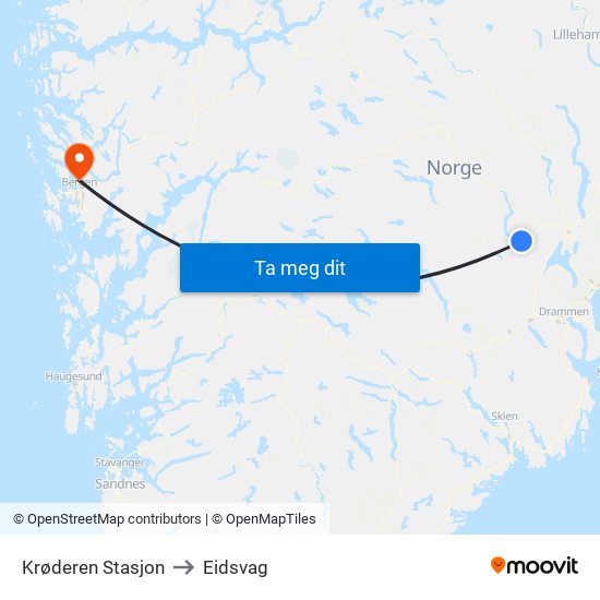 Krøderen Stasjon to Eidsvag map