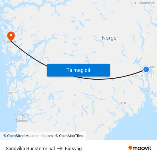 Sandvika Bussterminal to Eidsvag map