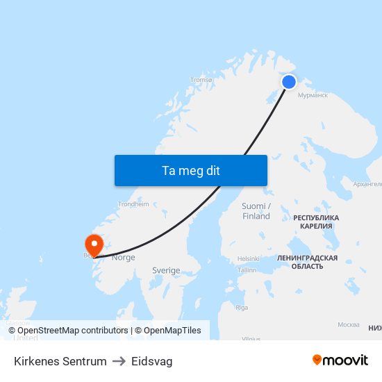Kirkenes Sentrum to Eidsvag map