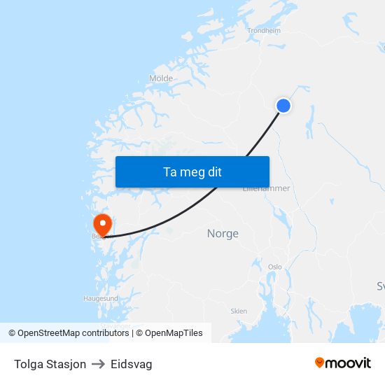 Tolga Stasjon to Eidsvag map