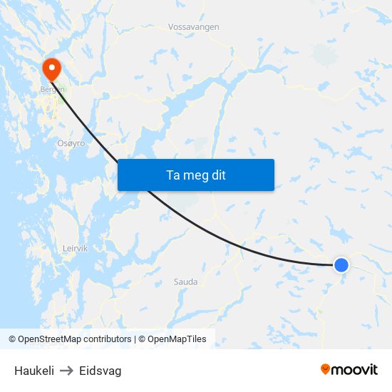 Haukeli to Eidsvag map