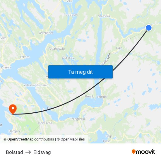 Bolstad to Eidsvag map