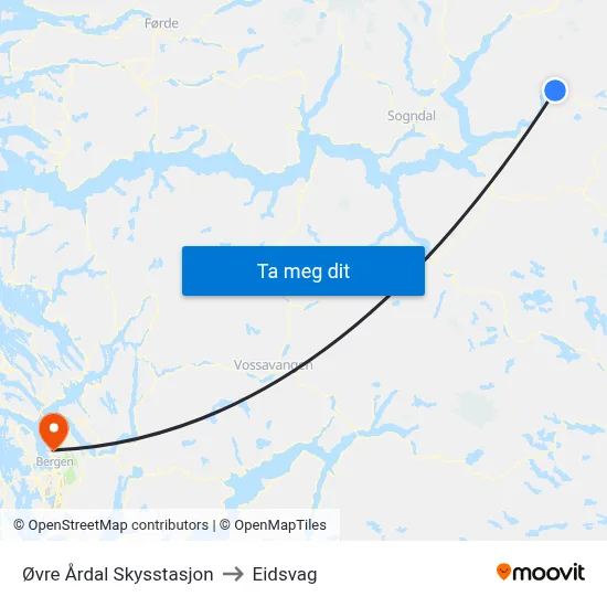 Øvre Årdal Skysstasjon to Eidsvag map