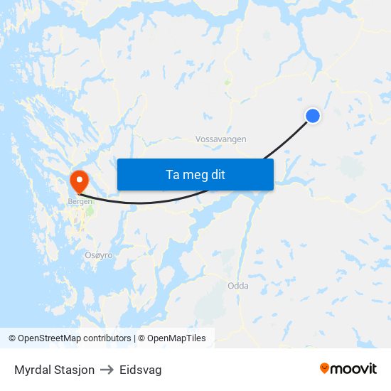 Myrdal Stasjon to Eidsvag map