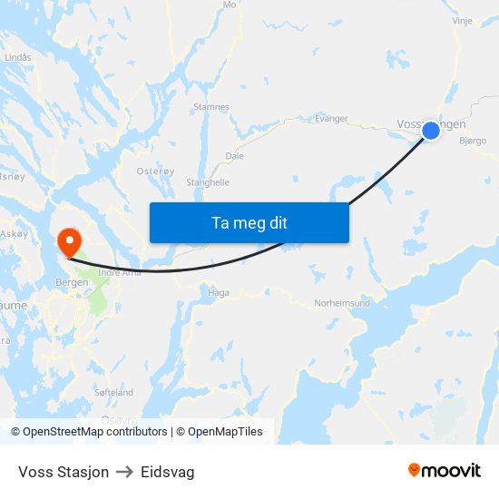 Voss Stasjon to Eidsvag map