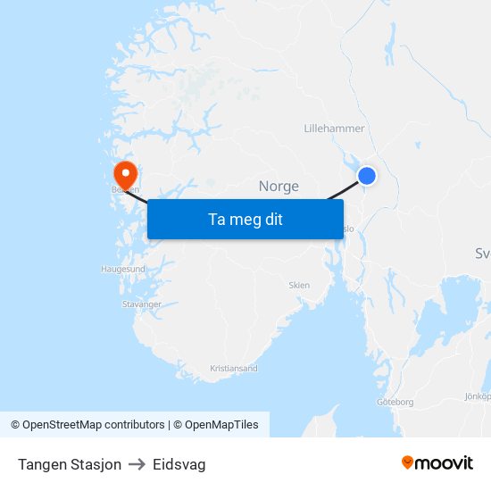 Tangen Stasjon to Eidsvag map