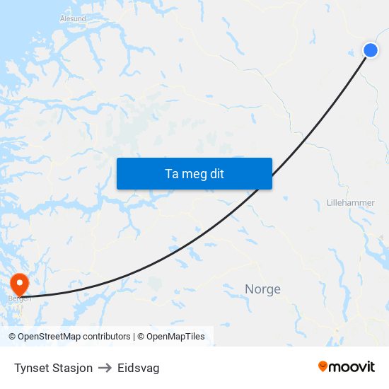 Tynset Stasjon to Eidsvag map