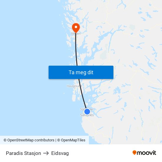 Paradis Stasjon to Eidsvag map