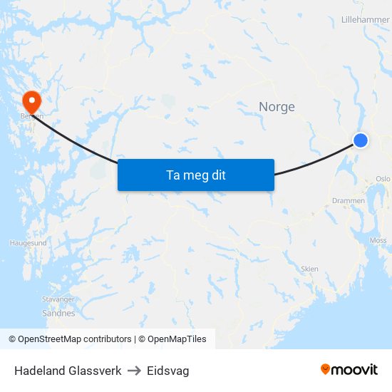 Hadeland Glassverk to Eidsvag map