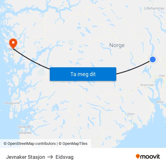 Jevnaker Stasjon to Eidsvag map