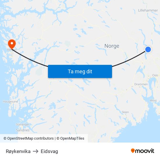 Røykenvika to Eidsvag map